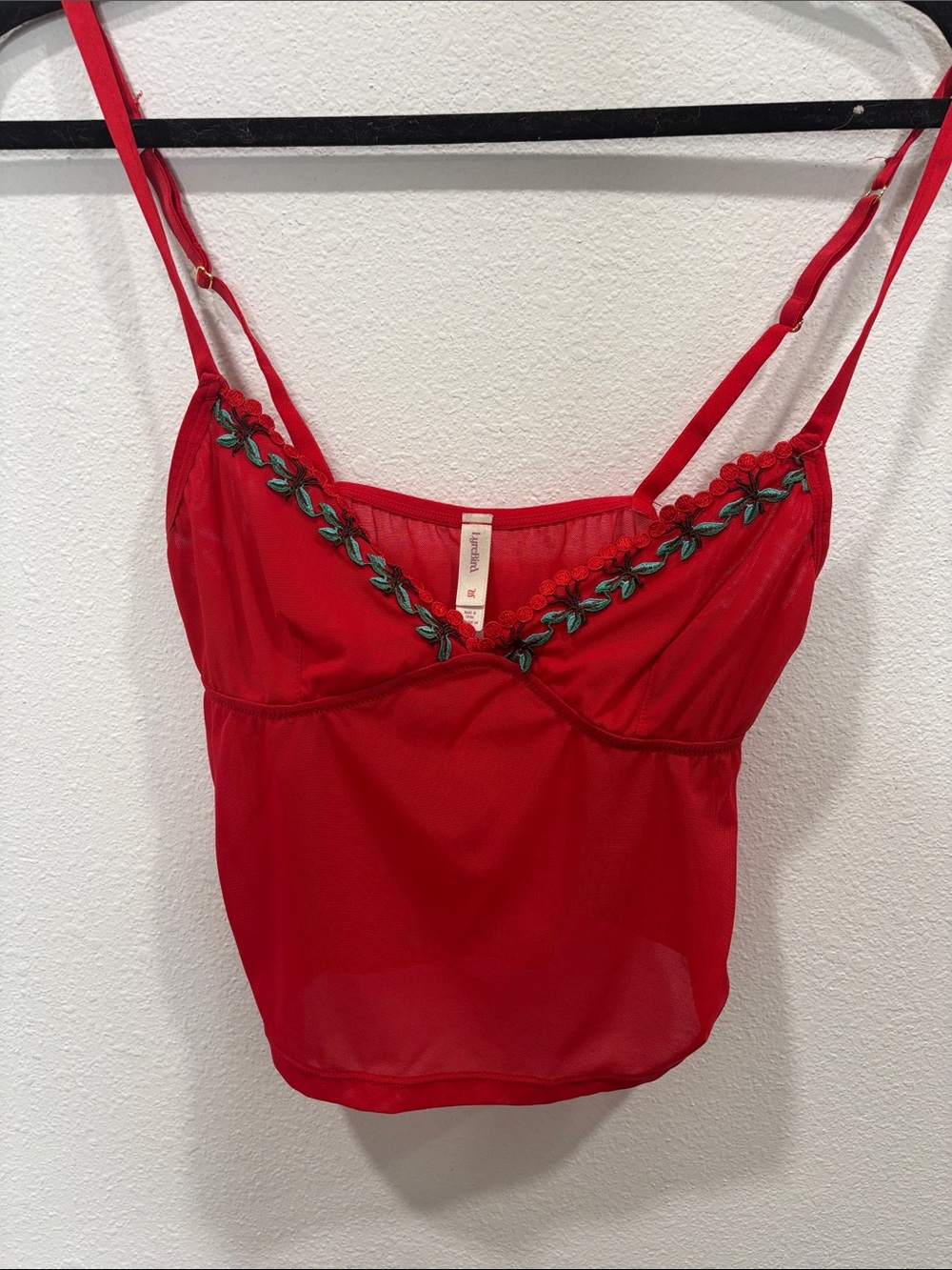 LyreBird Red Mesh Cami with Teal Floral Embroidery